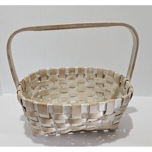 Vintage Weaved Gathering White Rectangle Basket With Handle